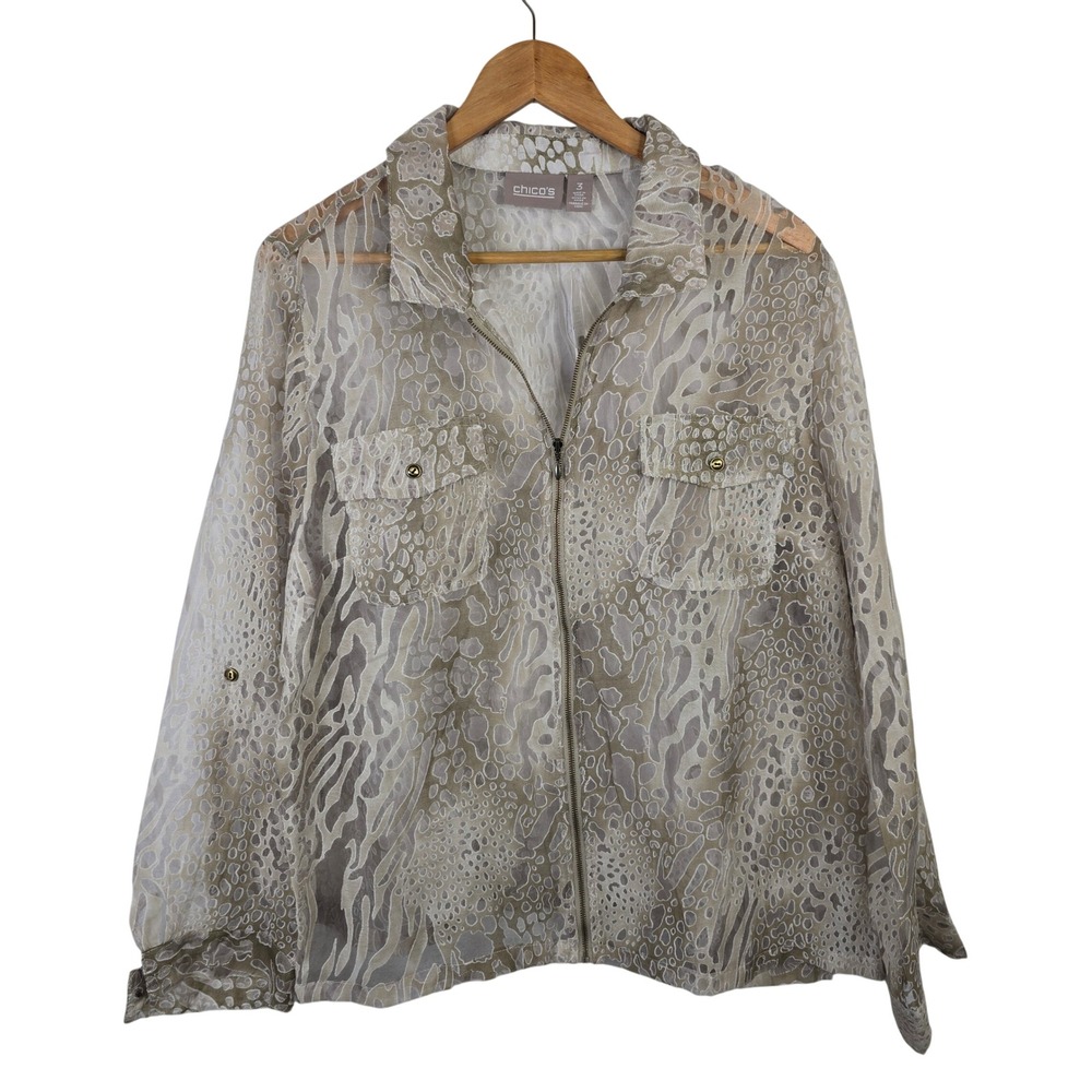 Chicos Safari Burnout Wanda Zip 3QTR Jacket Countess Taupe Animal Print Size 3